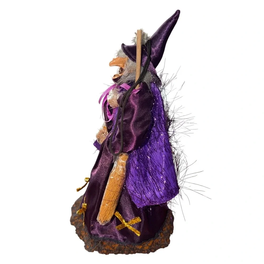 Gothic Halloween Decor Hanging Witch Purple Satin Dress Broom 12.5